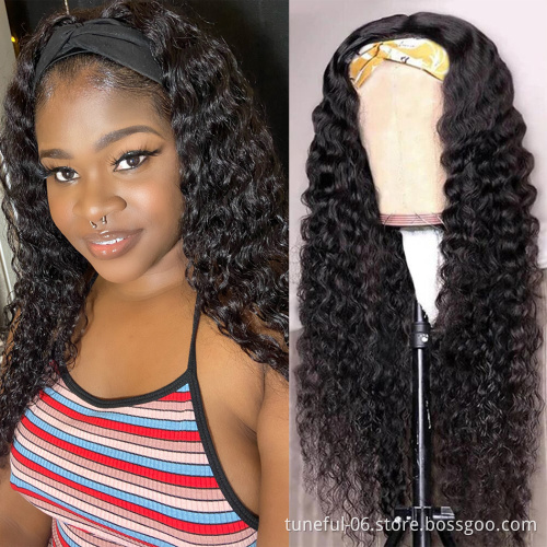 Headband Wig Human Hair Curly Full Machine Made Wigs Deep Wave Glueless Water Wave For Black Women Curl Hair Wig With Headband